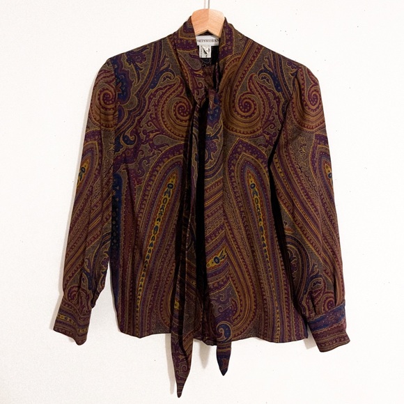 Vintage Women’s Wool Sportsworks 60s/70s Paisley Tie Collar Blouse US Size 4 - Picture 2 of 4
